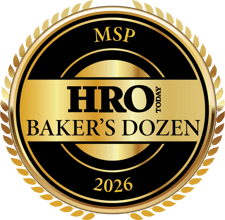 HRO Today Backer's Dozen Award symbol. Black circle with gold writing.